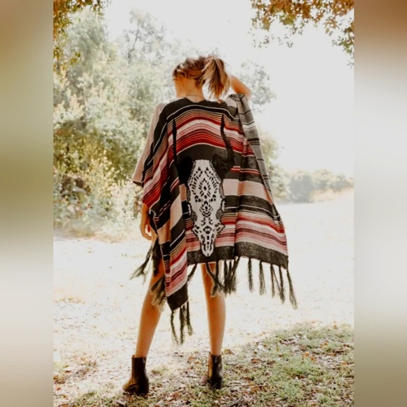custom Sweaters - ​Bohemian Cow Skull Serape Ruana Shawl - Teal & Pink Striped